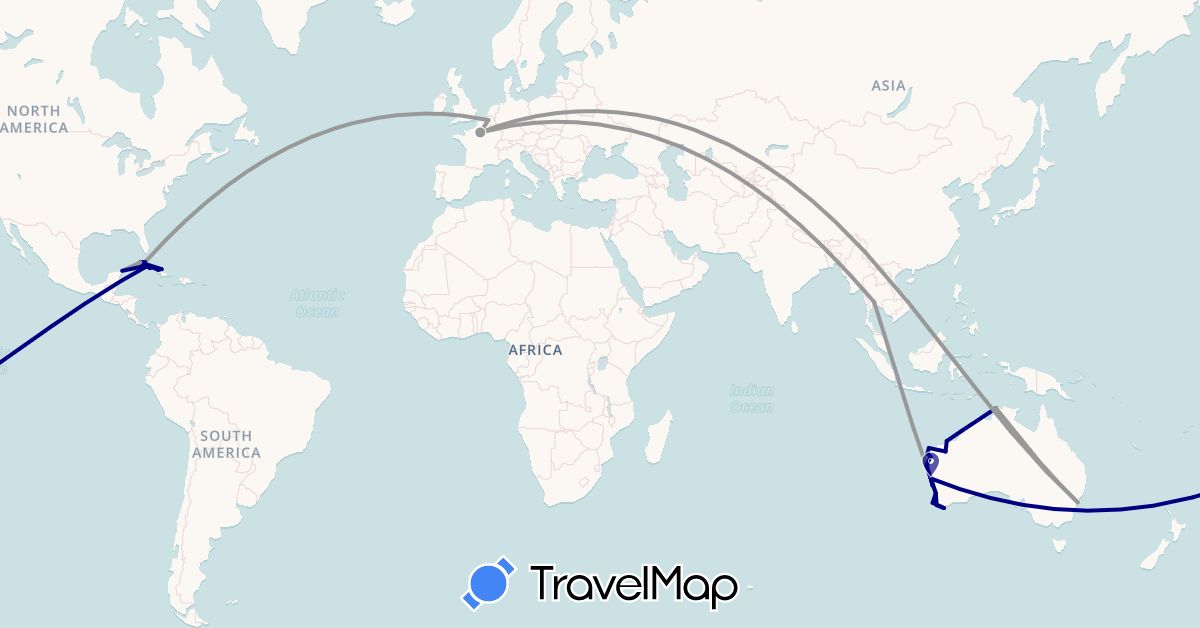 TravelMap itinerary: driving, plane in Australia, Belgium, Cuba, France, Mexico, Thailand (Asia, Europe, North America, Oceania)